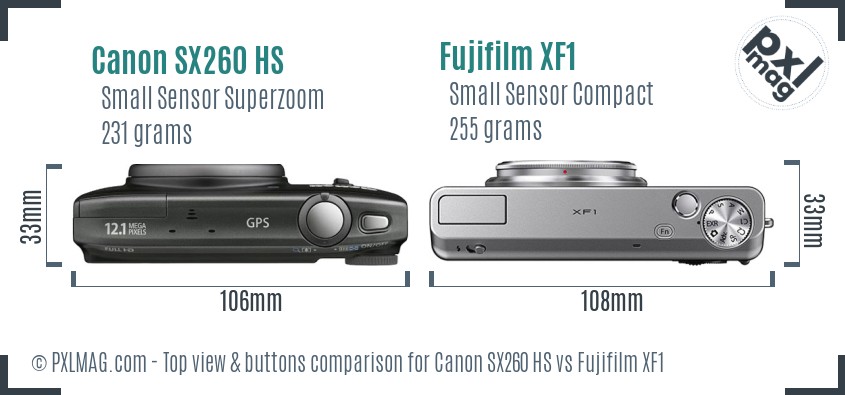Canon SX260 HS vs Fujifilm XF1 top view buttons comparison