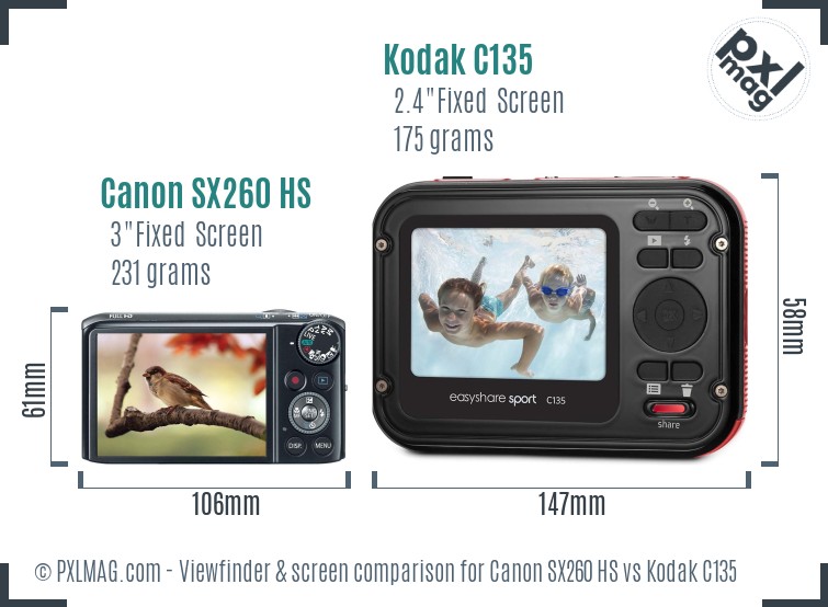 Canon SX260 HS vs Kodak C135 Screen and Viewfinder comparison