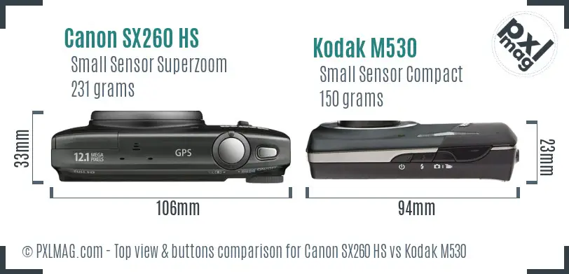 Canon SX260 HS vs Kodak M530 top view buttons comparison