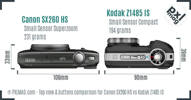 Canon SX260 HS vs Kodak Z1485 IS top view buttons comparison Canon SX260 HS vs Kodak Z1485 IS top view buttons comparison