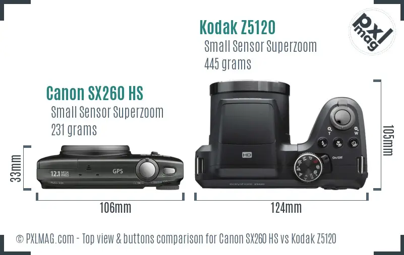 Canon SX260 HS vs Kodak Z5120 top view buttons comparison