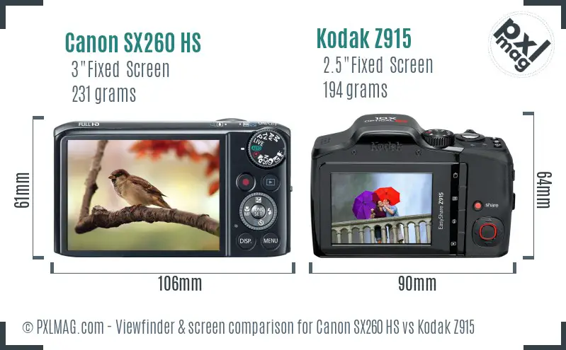 Canon SX260 HS vs Kodak Z915 Screen and Viewfinder comparison