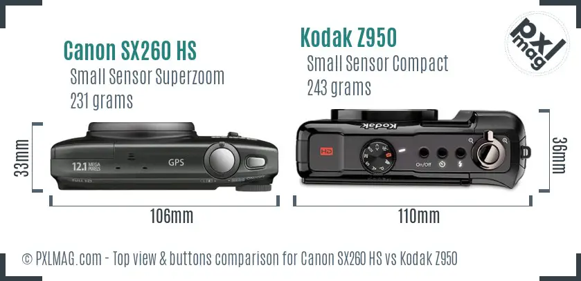 Canon SX260 HS vs Kodak Z950 top view buttons comparison