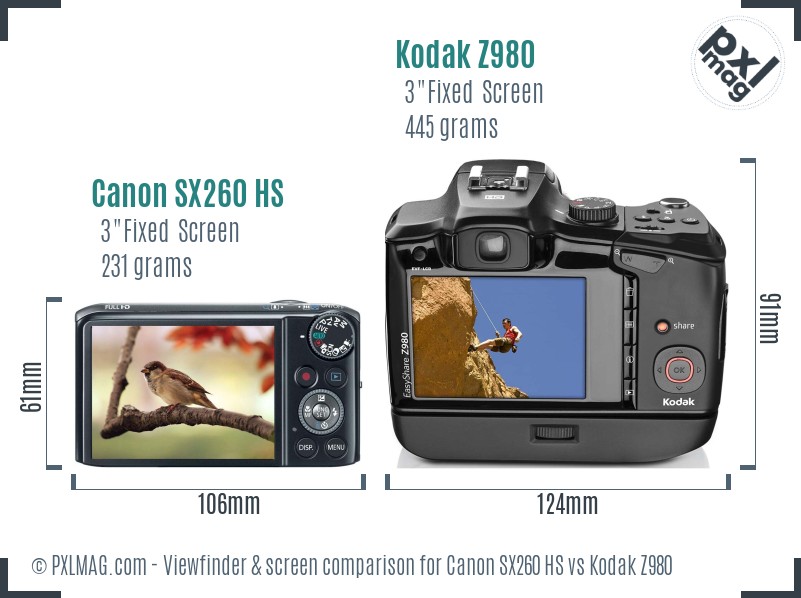 Canon SX260 HS vs Kodak Z980 Screen and Viewfinder comparison