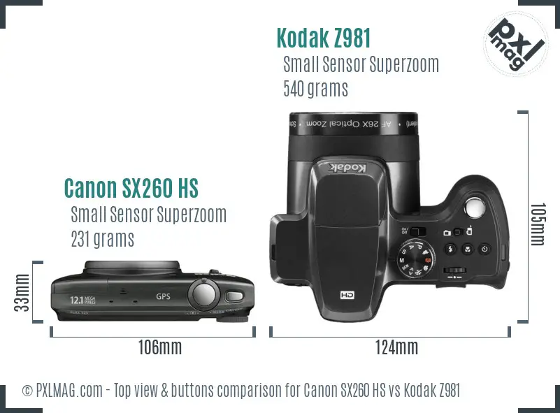 Canon SX260 HS vs Kodak Z981 top view buttons comparison Canon SX260 HS vs Kodak Z981 top view buttons comparison