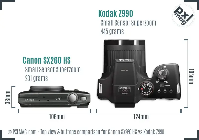 Canon SX260 HS vs Kodak Z990 top view buttons comparison Canon SX260 HS vs Kodak Z990 top view buttons comparison