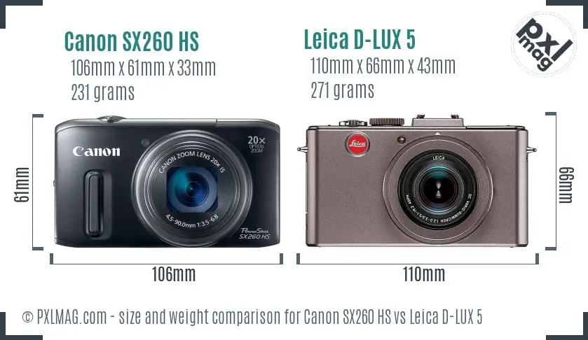 Canon SX260 HS vs Leica D-LUX 5 size comparison