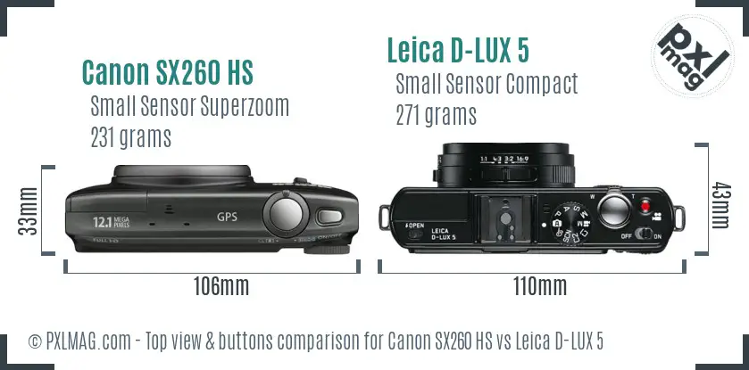 Canon SX260 HS vs Leica D-LUX 5 top view buttons comparison