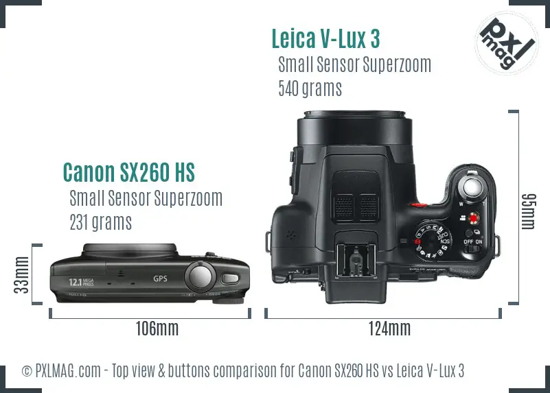 Canon SX260 HS vs Leica V-Lux 3 top view buttons comparison Canon SX260 HS vs Leica V-Lux 3 top view buttons comparison