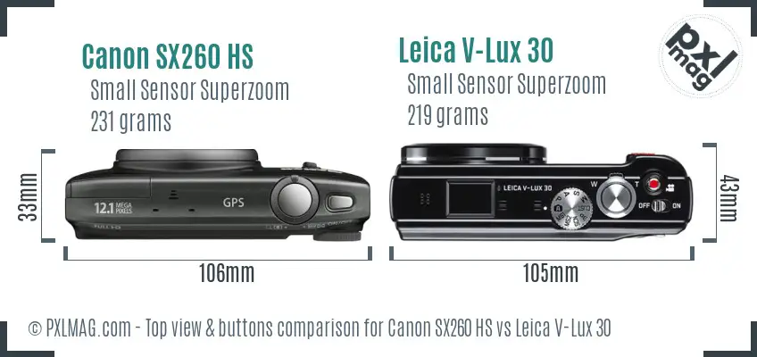 Canon SX260 HS vs Leica V-Lux 30 top view buttons comparison