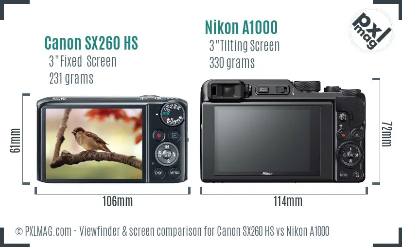Canon SX260 HS vs Nikon A1000 Screen and Viewfinder comparison