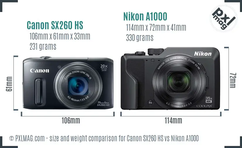 Canon SX260 HS vs Nikon A1000 size comparison