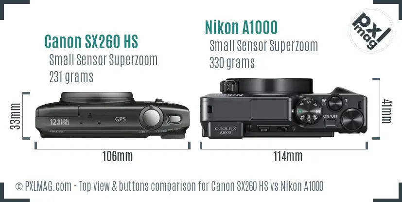 Canon SX260 HS vs Nikon A1000 top view buttons comparison