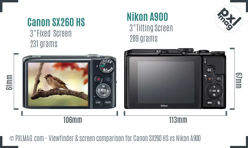 Canon SX260 HS vs Nikon A900 Screen and Viewfinder comparison