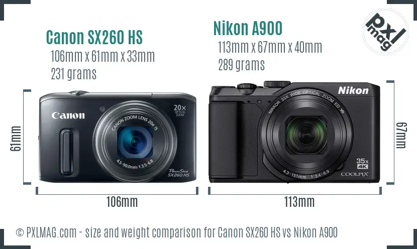 Canon SX260 HS vs Nikon A900 size comparison