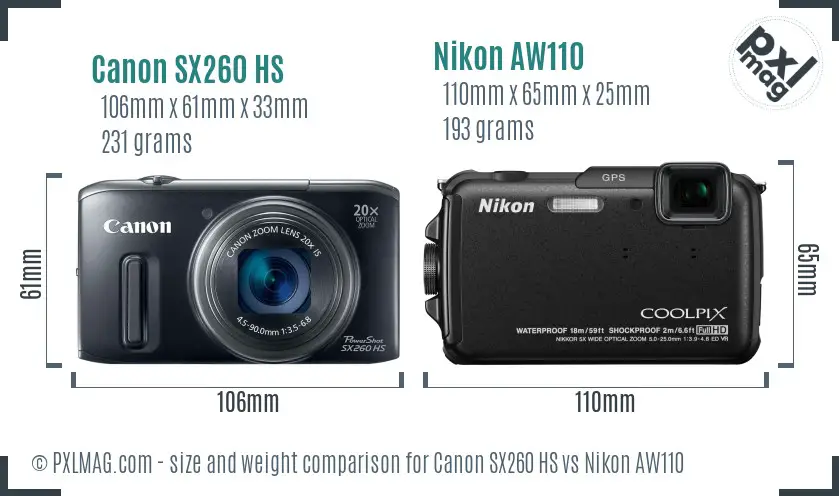 Canon SX260 HS vs Nikon AW110 size comparison Canon SX260 HS vs Nikon AW110 size comparison