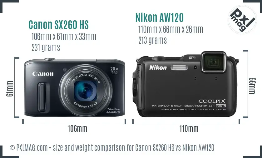 Canon SX260 HS vs Nikon AW120 size comparison