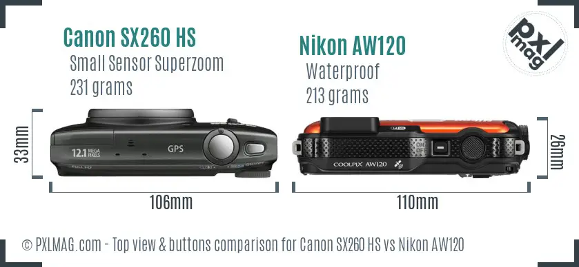 Canon SX260 HS vs Nikon AW120 top view buttons comparison