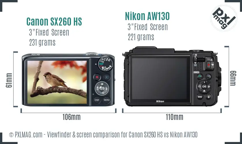 Canon SX260 HS vs Nikon AW130 Screen and Viewfinder comparison