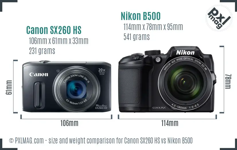 Canon SX260 HS vs Nikon B500 size comparison
