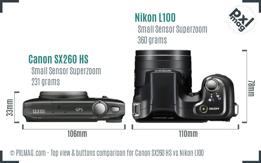 Canon SX260 HS vs Nikon L100 top view buttons comparison