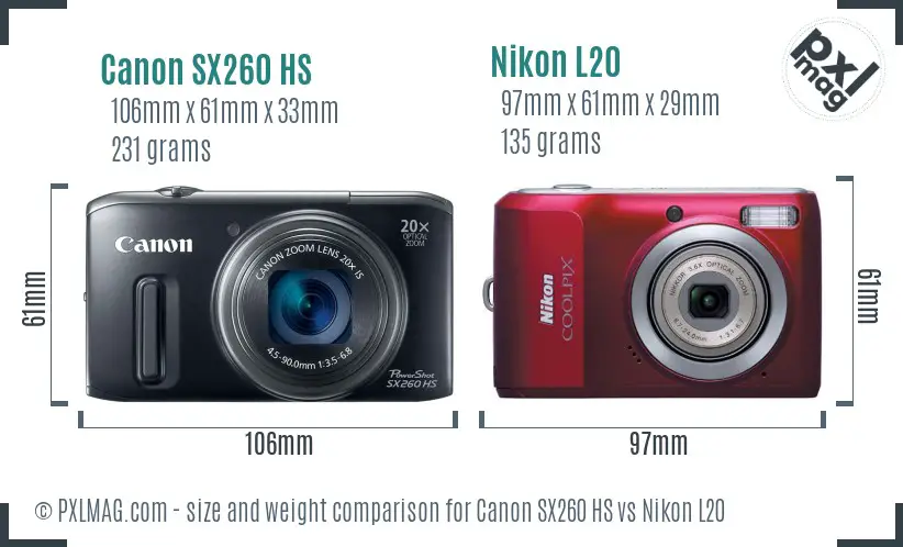 Canon SX260 HS vs Nikon L20 size comparison