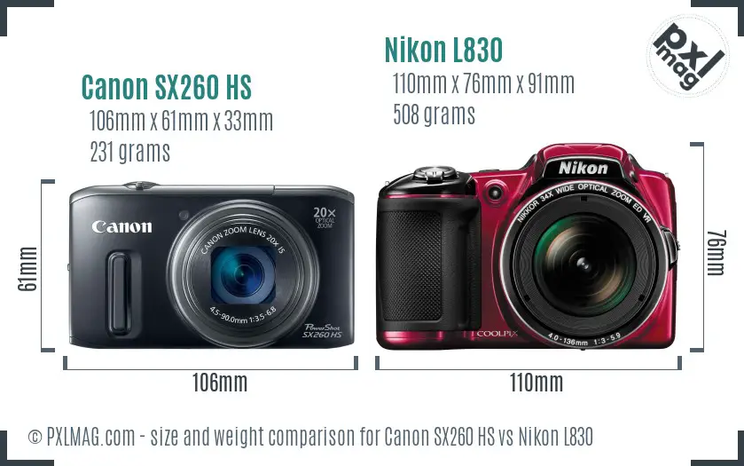 Canon SX260 HS vs Nikon L830 size comparison