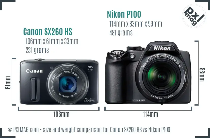 Canon SX260 HS vs Nikon P100 size comparison