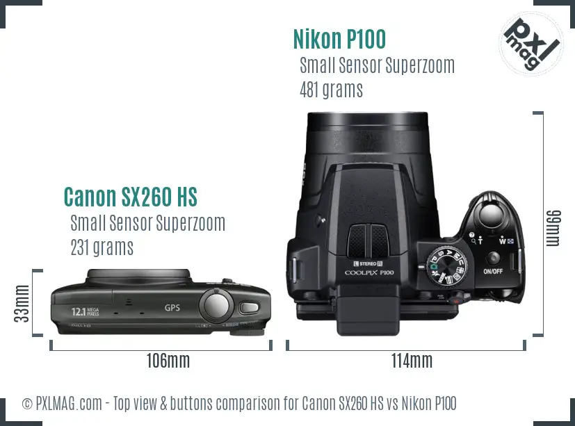 Canon SX260 HS vs Nikon P100 top view buttons comparison