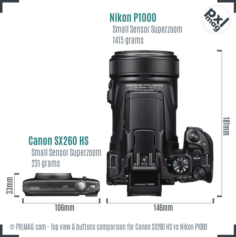 Canon SX260 HS vs Nikon P1000 top view buttons comparison