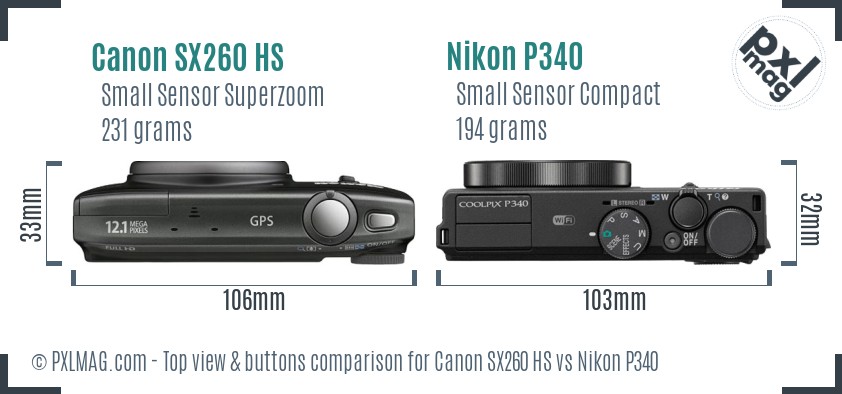 Canon SX260 HS vs Nikon P340 top view buttons comparison