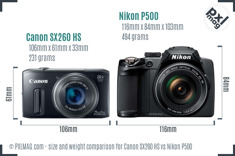 Canon SX260 HS vs Nikon P500 size comparison