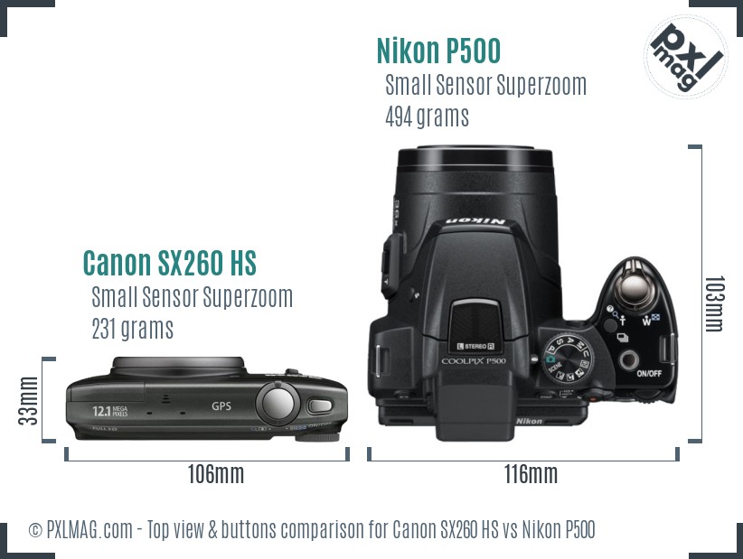 Canon SX260 HS vs Nikon P500 top view buttons comparison