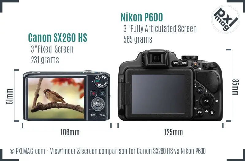 Canon SX260 HS vs Nikon P600 Screen and Viewfinder comparison