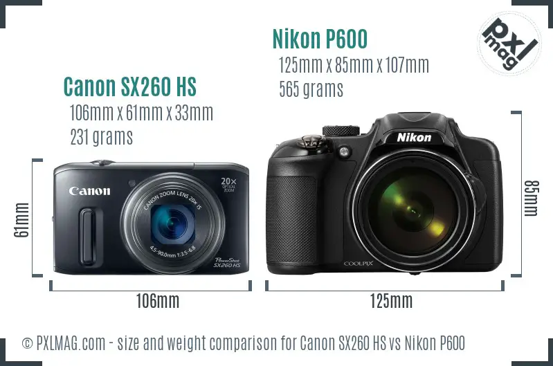 Canon SX260 HS vs Nikon P600 size comparison