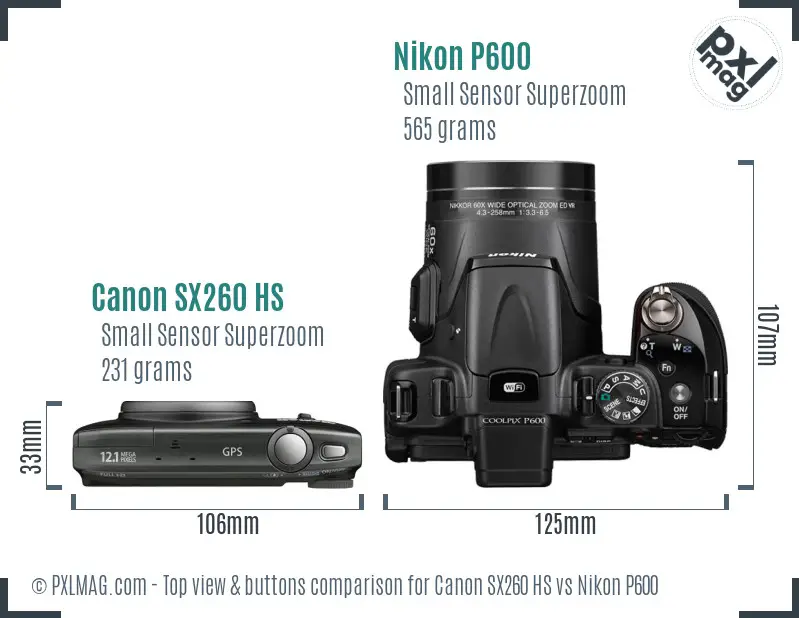 Canon SX260 HS vs Nikon P600 top view buttons comparison