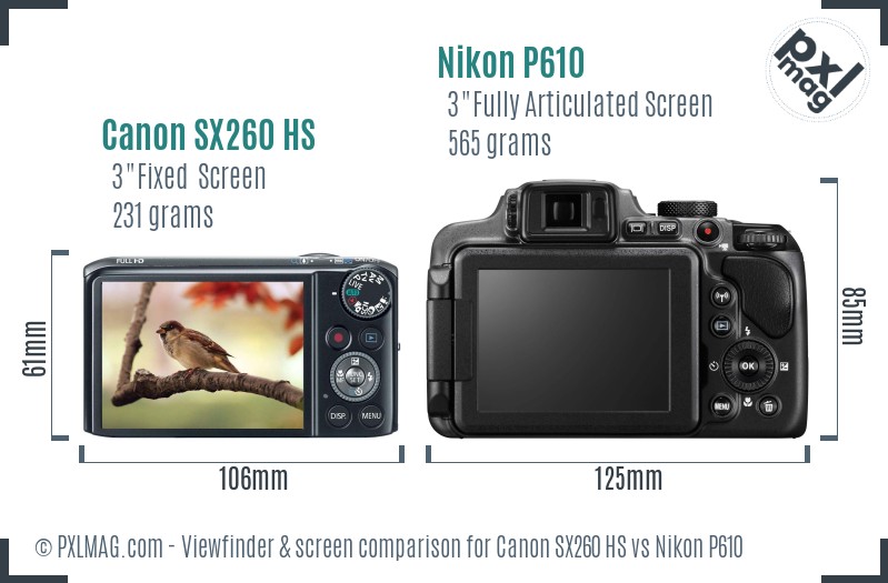 Canon SX260 HS vs Nikon P610 Screen and Viewfinder comparison