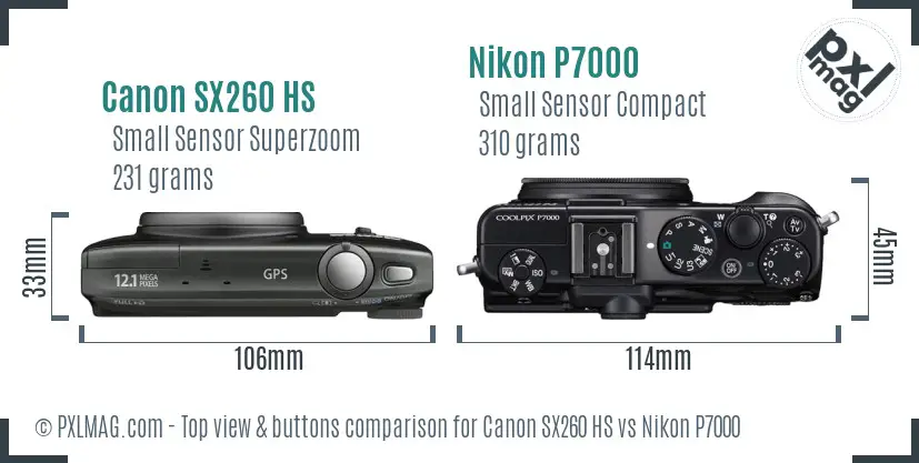 Canon SX260 HS vs Nikon P7000 top view buttons comparison