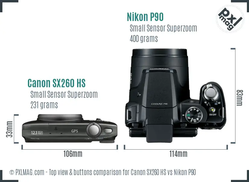 Canon SX260 HS vs Nikon P90 top view buttons comparison