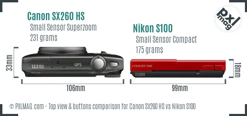Canon SX260 HS vs Nikon S100 top view buttons comparison