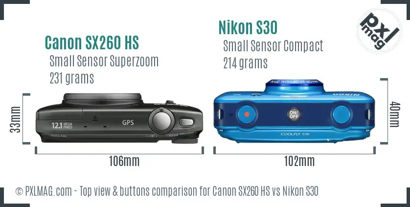 Canon SX260 HS vs Nikon S30 top view buttons comparison