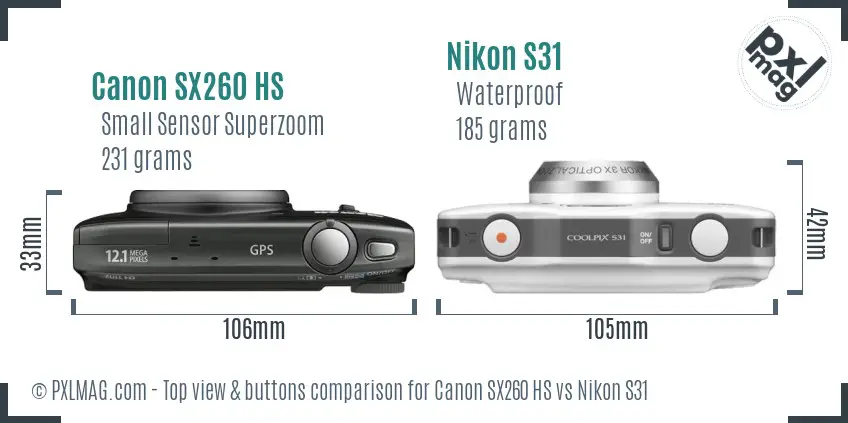 Canon SX260 HS vs Nikon S31 top view buttons comparison