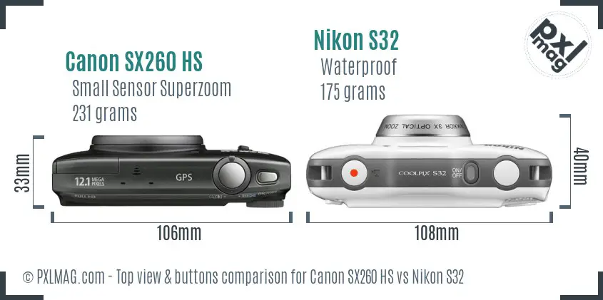 Canon SX260 HS vs Nikon S32 top view buttons comparison