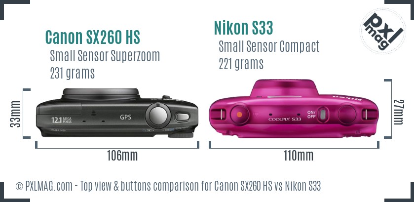 Canon SX260 HS vs Nikon S33 top view buttons comparison