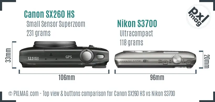 Canon SX260 HS vs Nikon S3700 top view buttons comparison