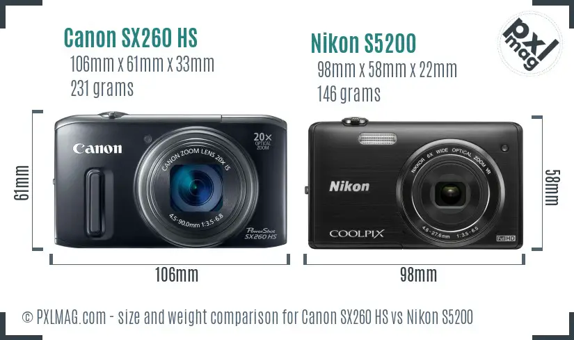 Canon SX260 HS vs Nikon S5200 size comparison