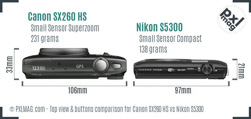 Canon SX260 HS vs Nikon S5300 top view buttons comparison