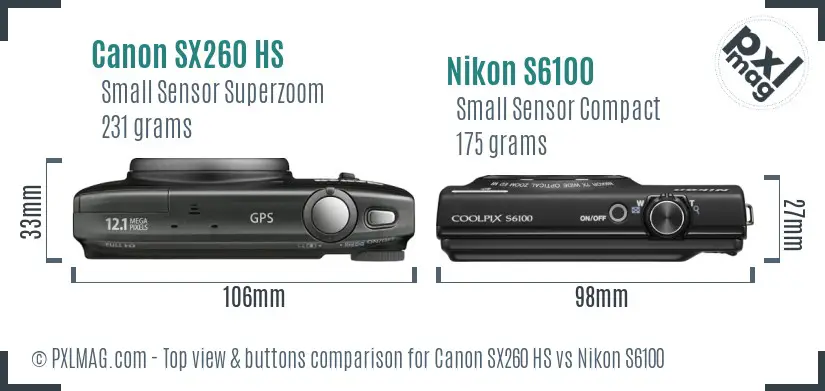 Canon SX260 HS vs Nikon S6100 top view buttons comparison Canon SX260 HS vs Nikon S6100 top view buttons comparison