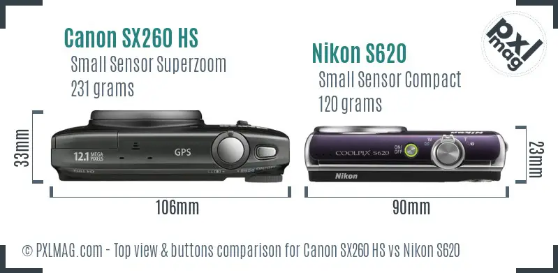 Canon SX260 HS vs Nikon S620 top view buttons comparison