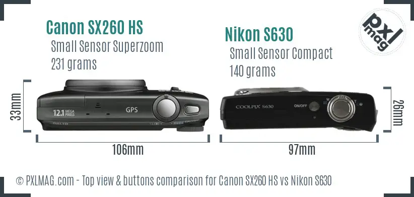 Canon SX260 HS vs Nikon S630 top view buttons comparison Canon SX260 HS vs Nikon S630 top view buttons comparison